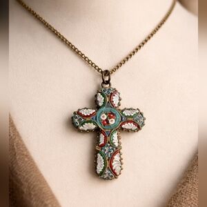 Vintage Italian Micro Mosaic Cross Necklace – Made in Italy
